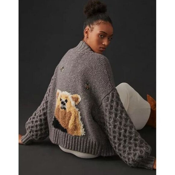 Anthropologie Sweaters - Anthropologie Pilcro Honey Bear & Bees Gray Open Front Cardigan Sweater Size S